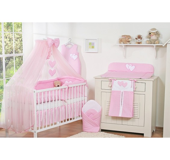 Conjunto de cama bebé  5 elementos coração rosa